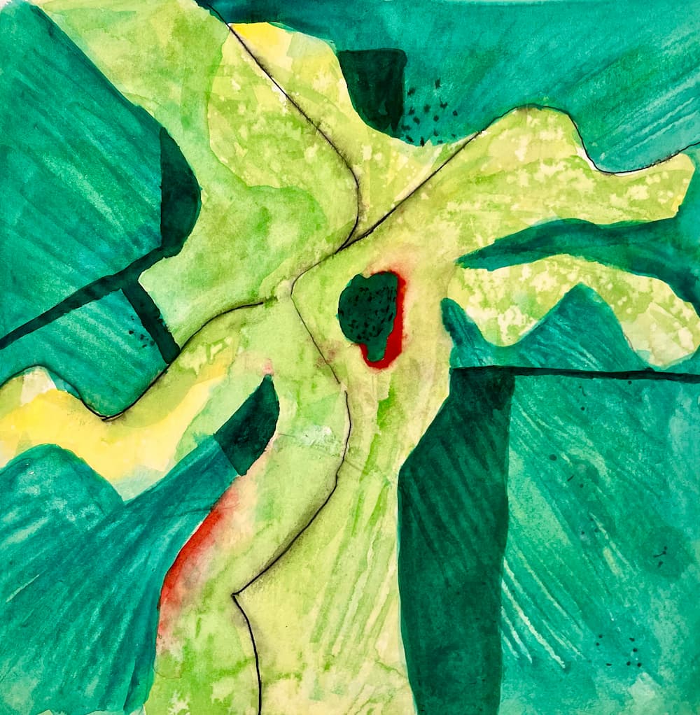 watercolor in pale green with red