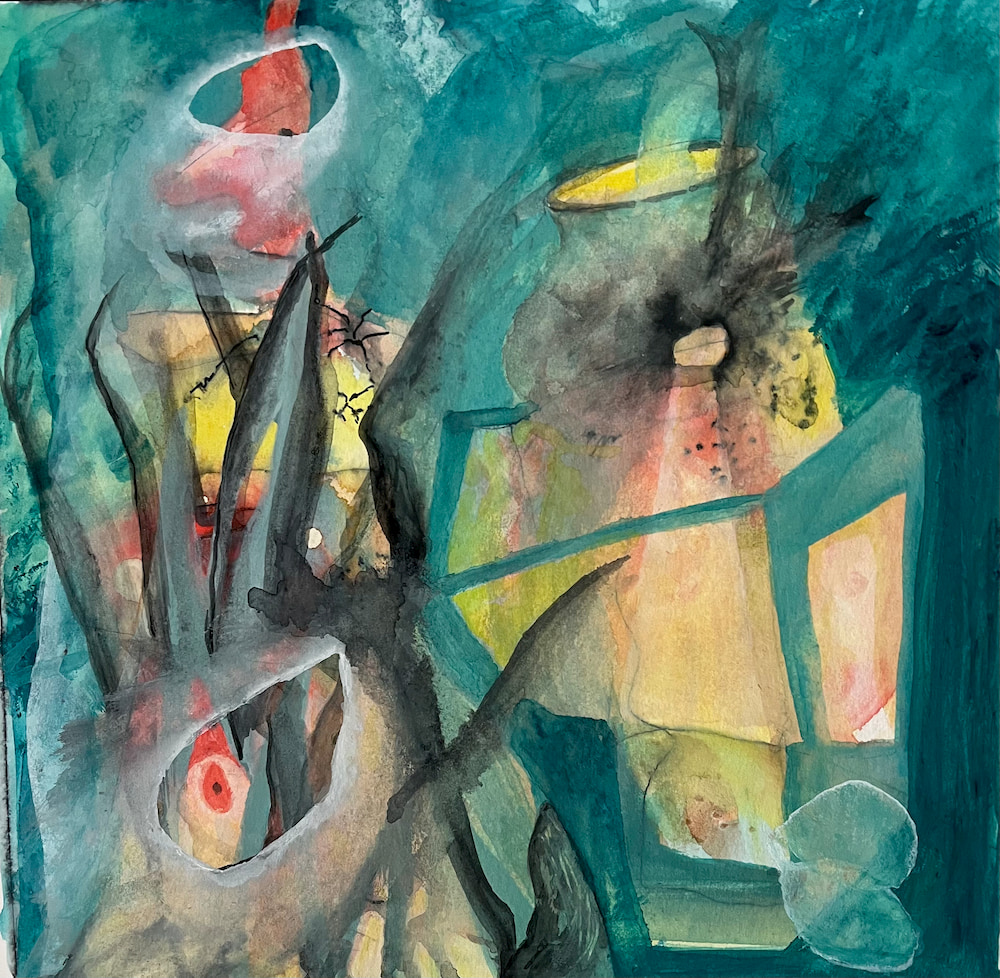 surreal watercolor in greens and yellow